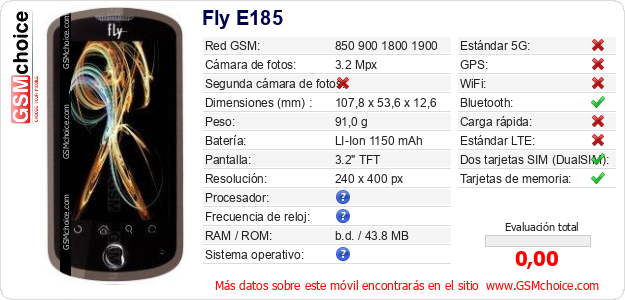 Fly E185 Datos técnicos del móvil 