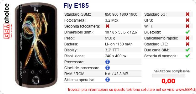 Fly E185 Dati tecnici di telefono cellulare 