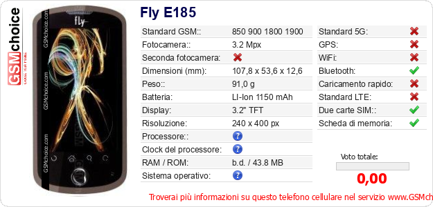 Fly E185 Dati tecnici di telefono cellulare Fly E185 Dati tecnici di telefono cellulare