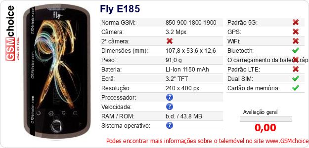 Fly E185 Especificações técnicas do telemóvel Fly E185 Especificações técnicas do telemóvel