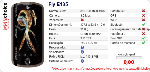 Fly E185 Especificações técnicas do telemóvel Fly E185 Especificações técnicas do telemóvel
