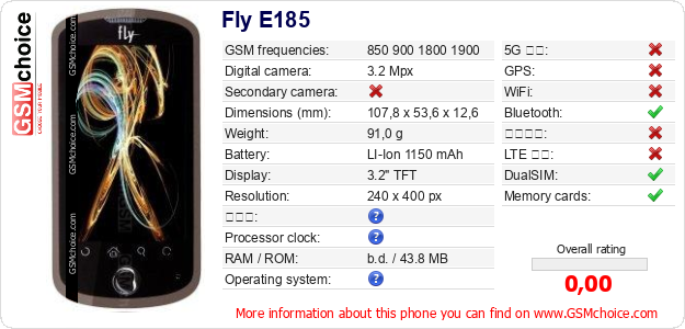 Fly E185 手機技術數據