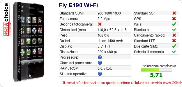 Fly E190 Wi-Fi Dati tecnici di telefono cellulare Fly E190 Wi-Fi Dati tecnici di telefono cellulare