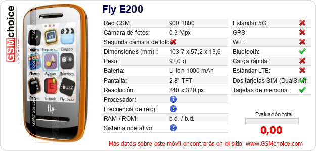 Fly E200 Datos técnicos del móvil 