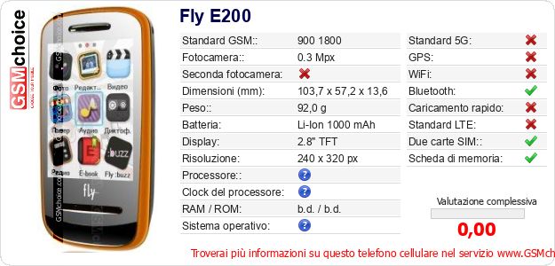 Fly E200 Dati tecnici di telefono cellulare Fly E200 Dati tecnici di telefono cellulare
