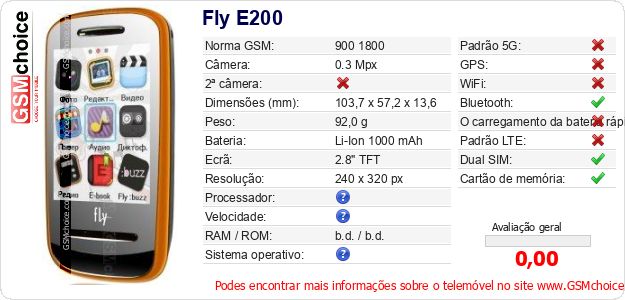 Fly E200 Especificações técnicas do telemóvel 