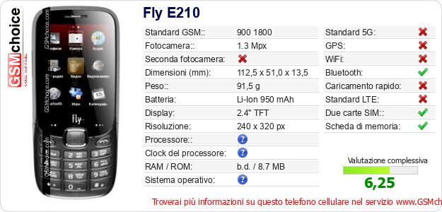 Fly E210 Dati tecnici di telefono cellulare 