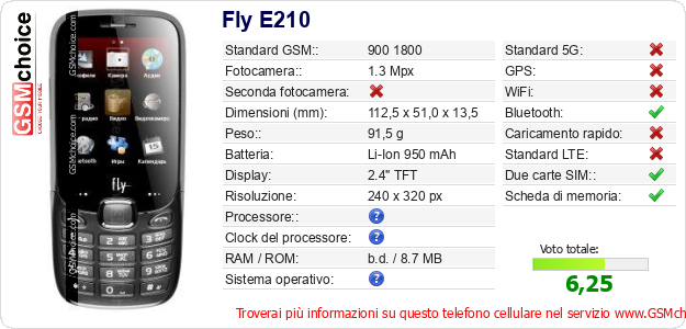 Fly E210 Dati tecnici di telefono cellulare 