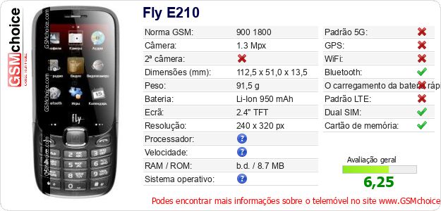 Fly E210 Especificações técnicas do telemóvel 