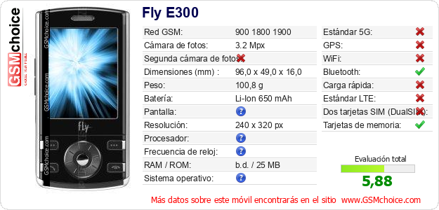 Fly E300 Datos técnicos del móvil Fly E300 Datos técnicos del móvil