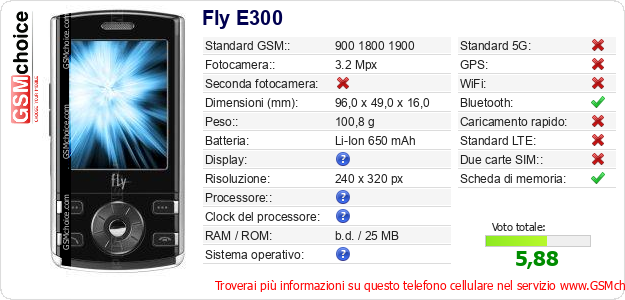 Fly E300 Dati tecnici di telefono cellulare 