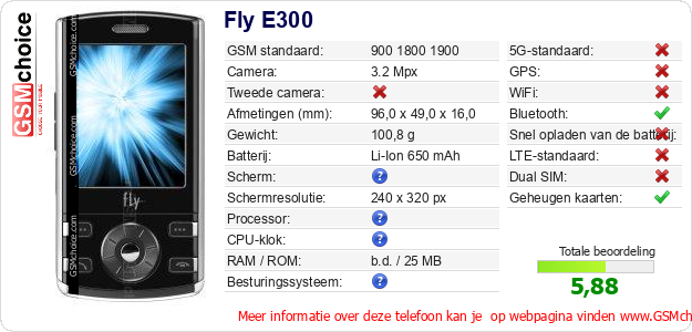 Fly E300 Technische gegevens 