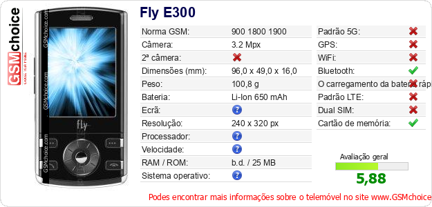 Fly E300 Especificações técnicas do telemóvel Fly E300 Especificações técnicas do telemóvel