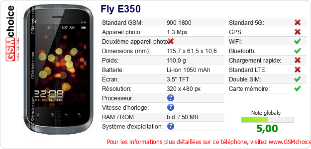 Fly E350 Fiche technique