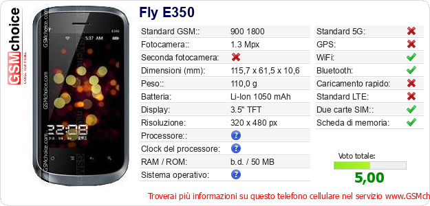 Fly E350 Dati tecnici di telefono cellulare 