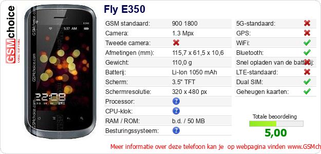 Fly E350 Technische gegevens 