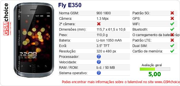 Fly E350 Especificações técnicas do telemóvel 