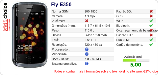 Fly E350 Especificações técnicas do telemóvel 