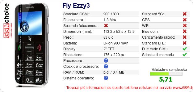 Fly Ezzy3 Dati tecnici di telefono cellulare 