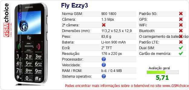 Fly Ezzy3 Especificações técnicas do telemóvel 