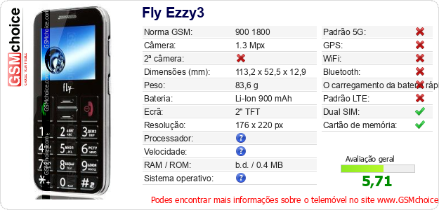 Fly Ezzy3 Especificações técnicas do telemóvel Fly Ezzy3 Especificações técnicas do telemóvel