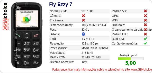 Fly Ezzy 7 Especificações técnicas do telemóvel Fly Ezzy 7 Especificações técnicas do telemóvel