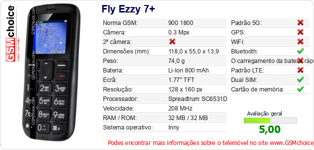 Fly Ezzy 7+ Especificações técnicas do telemóvel Fly Ezzy 7+ Especificações técnicas do telemóvel