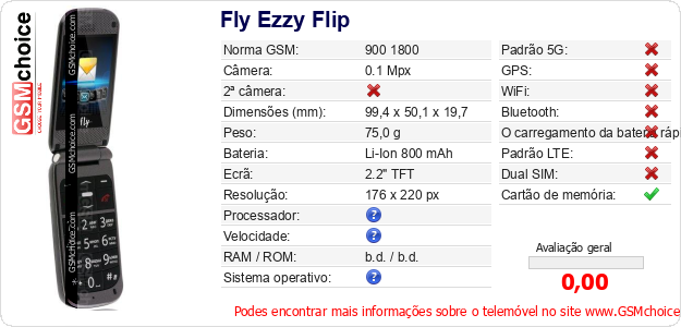 Fly Ezzy Flip Especificações técnicas do telemóvel Fly Ezzy Flip Especificações técnicas do telemóvel
