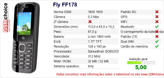 Fly FF178 Especificações técnicas do telemóvel 