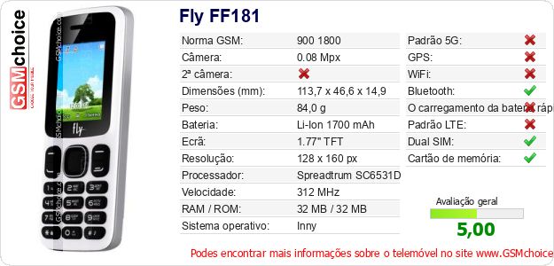 Fly FF181 Especificações técnicas do telemóvel 