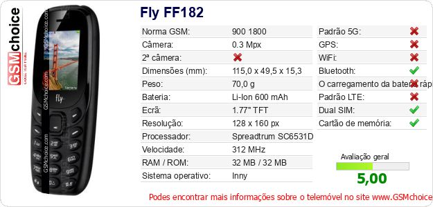 Fly FF182 Especificações técnicas do telemóvel Fly FF182 Especificações técnicas do telemóvel