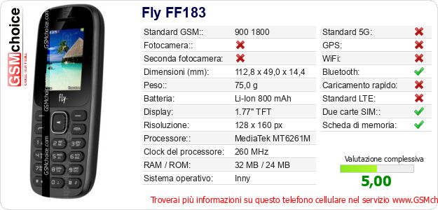 Fly FF183 Dati tecnici di telefono cellulare Fly FF183 Dati tecnici di telefono cellulare