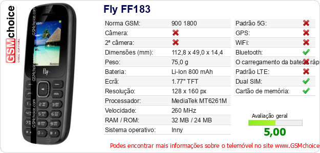 Fly FF183 Especificações técnicas do telemóvel Fly FF183 Especificações técnicas do telemóvel