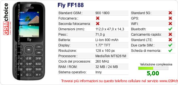 Fly FF188 Dati tecnici di telefono cellulare 