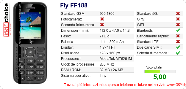 Fly FF188 Dati tecnici di telefono cellulare 