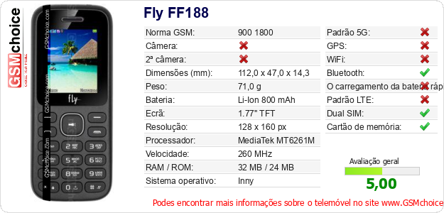 Fly FF188 Especificações técnicas do telemóvel 