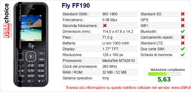 Fly FF190 Dati tecnici di telefono cellulare Fly FF190 Dati tecnici di telefono cellulare