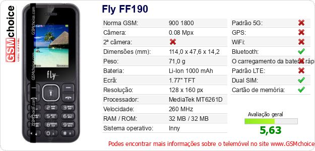 Fly FF190 Especificações técnicas do telemóvel 