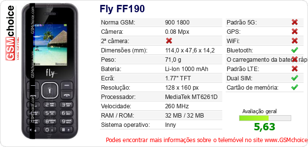 Fly FF190 Especificações técnicas do telemóvel 