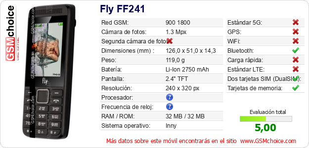 Fly FF241 Datos técnicos del móvil Fly FF241 Datos técnicos del móvil