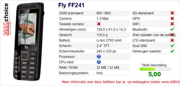 Fly FF241 Technische gegevens Fly FF241 Technische gegevens