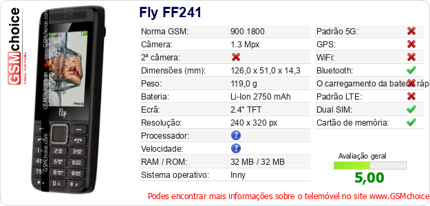 Fly FF241 Especificações técnicas do telemóvel Fly FF241 Especificações técnicas do telemóvel