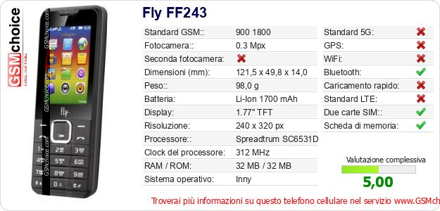 Fly FF243 Dati tecnici di telefono cellulare Fly FF243 Dati tecnici di telefono cellulare