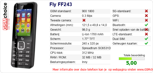 Fly FF243 Technische gegevens Fly FF243 Technische gegevens