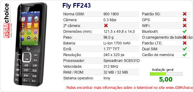 Fly FF243 Especificações técnicas do telemóvel 