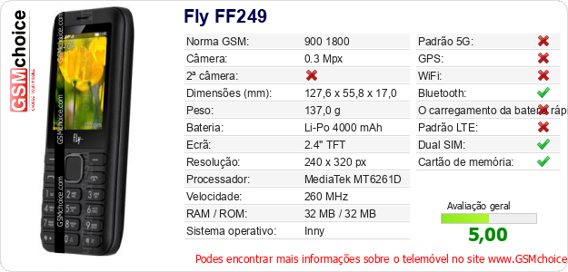 Fly FF249 Especificações técnicas do telemóvel 