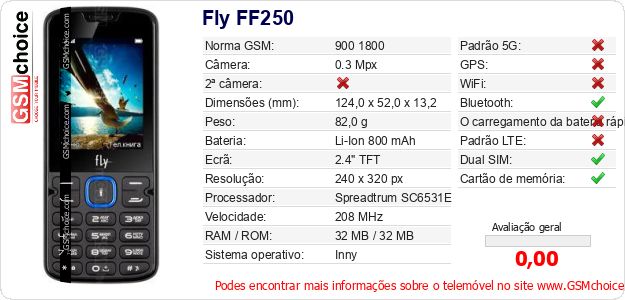 Fly FF250 Especificações técnicas do telemóvel Fly FF250 Especificações técnicas do telemóvel