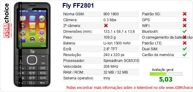 Fly FF2801 Especificações técnicas do telemóvel Fly FF2801 Especificações técnicas do telemóvel