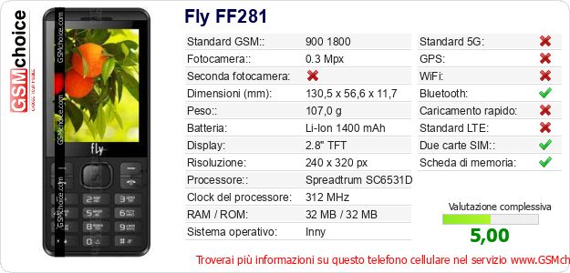 Fly FF281 Dati tecnici di telefono cellulare 