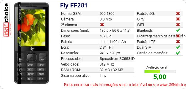 Fly FF281 Especificações técnicas do telemóvel 